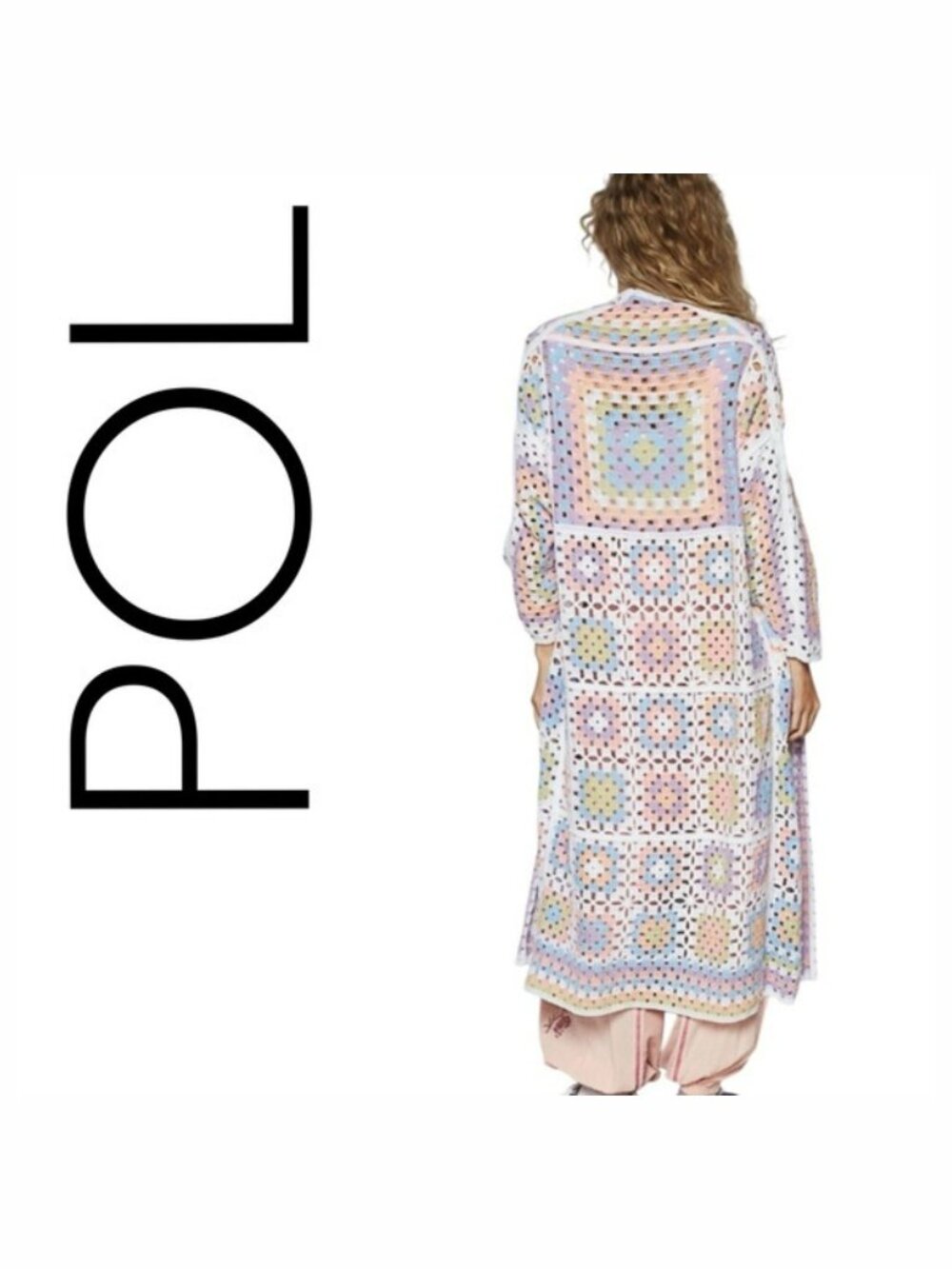 POL Pastel Crochet Long Cardigan - Lavender, Baby Blue & Soft Yellow